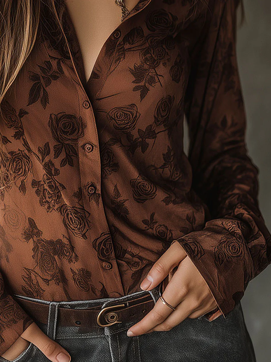 Vintage Rose Pattern Brown Button-Down Shirt - Image 7