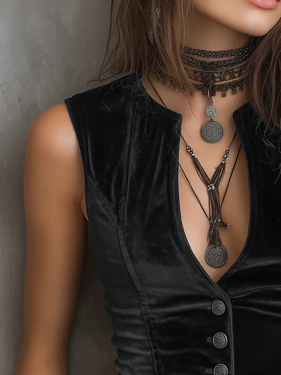 Vintage Round V-Neck Velvet Vest - Image 3