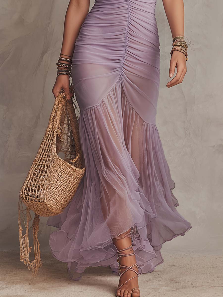 Vintage Ruched Flared Hem Chiffon Midi Dress - Image 3