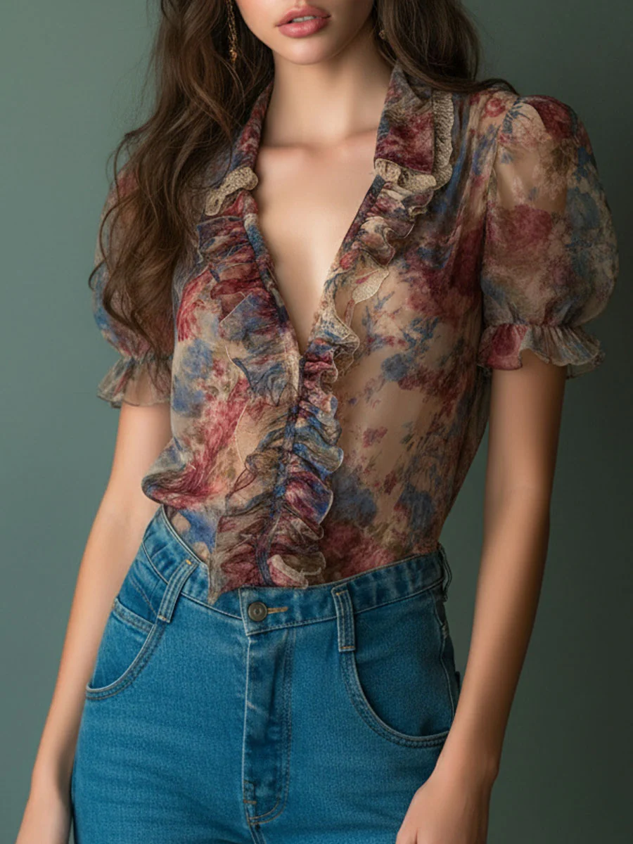 Vintage Sheer Floral Ruffle Puff Sleeve Blouse - Image 3