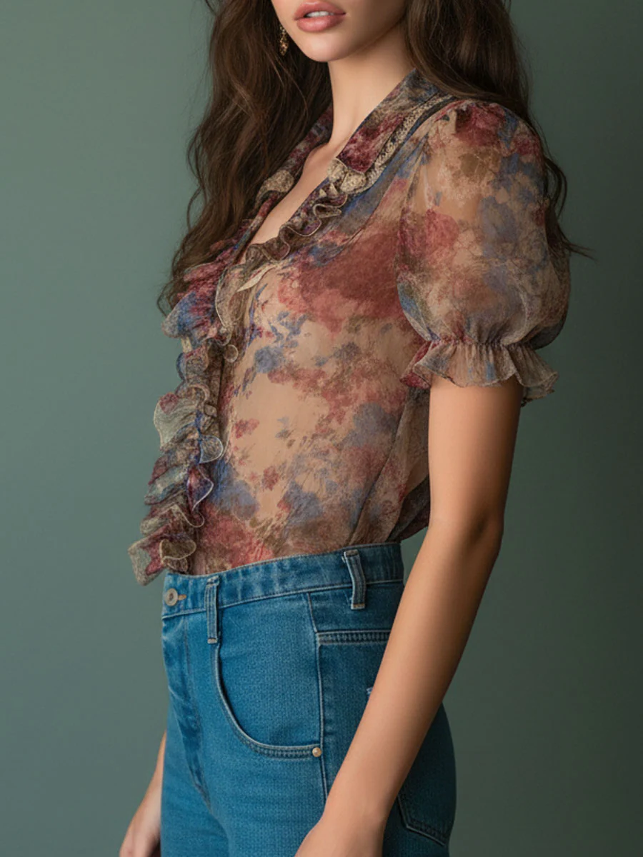 Vintage Sheer Floral Ruffle Puff Sleeve Blouse - Image 4