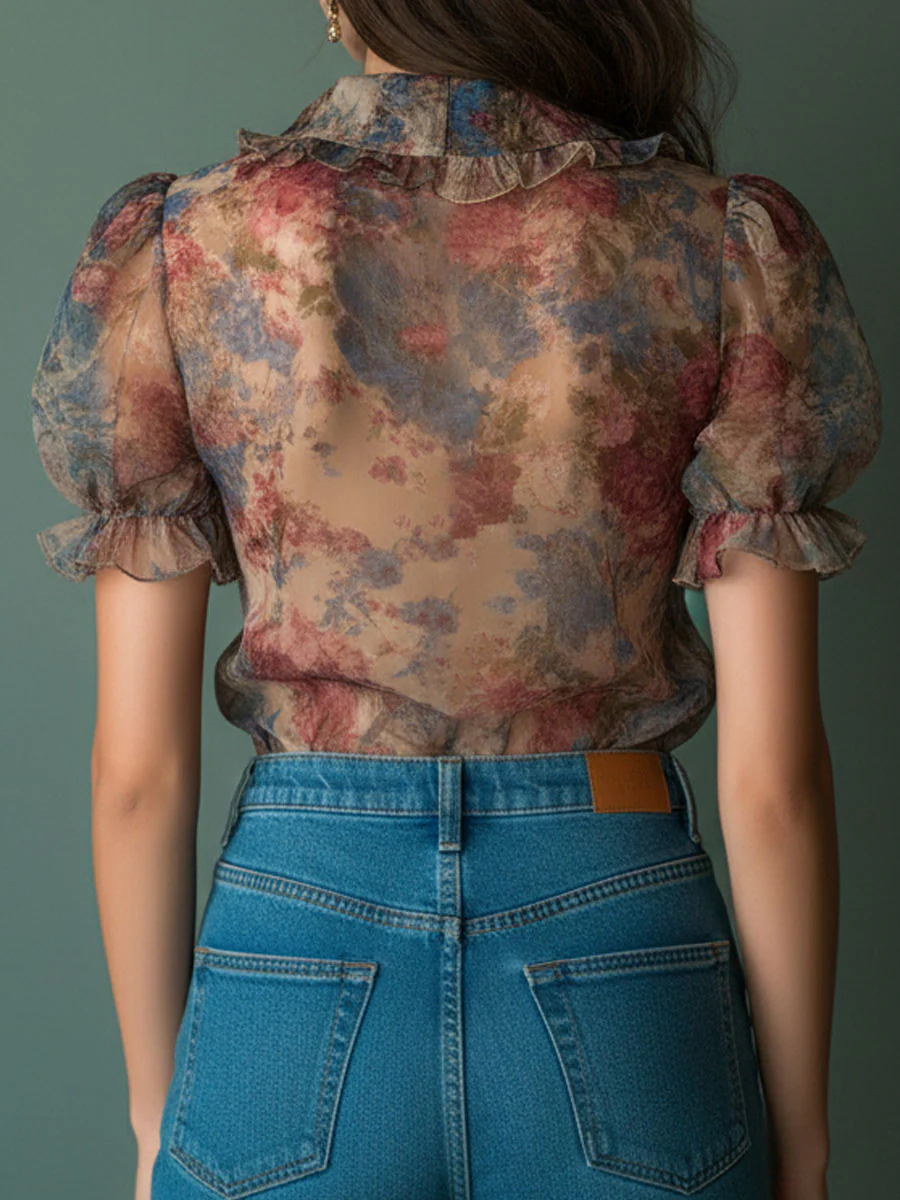 Vintage Sheer Floral Ruffle Puff Sleeve Blouse - Image 5