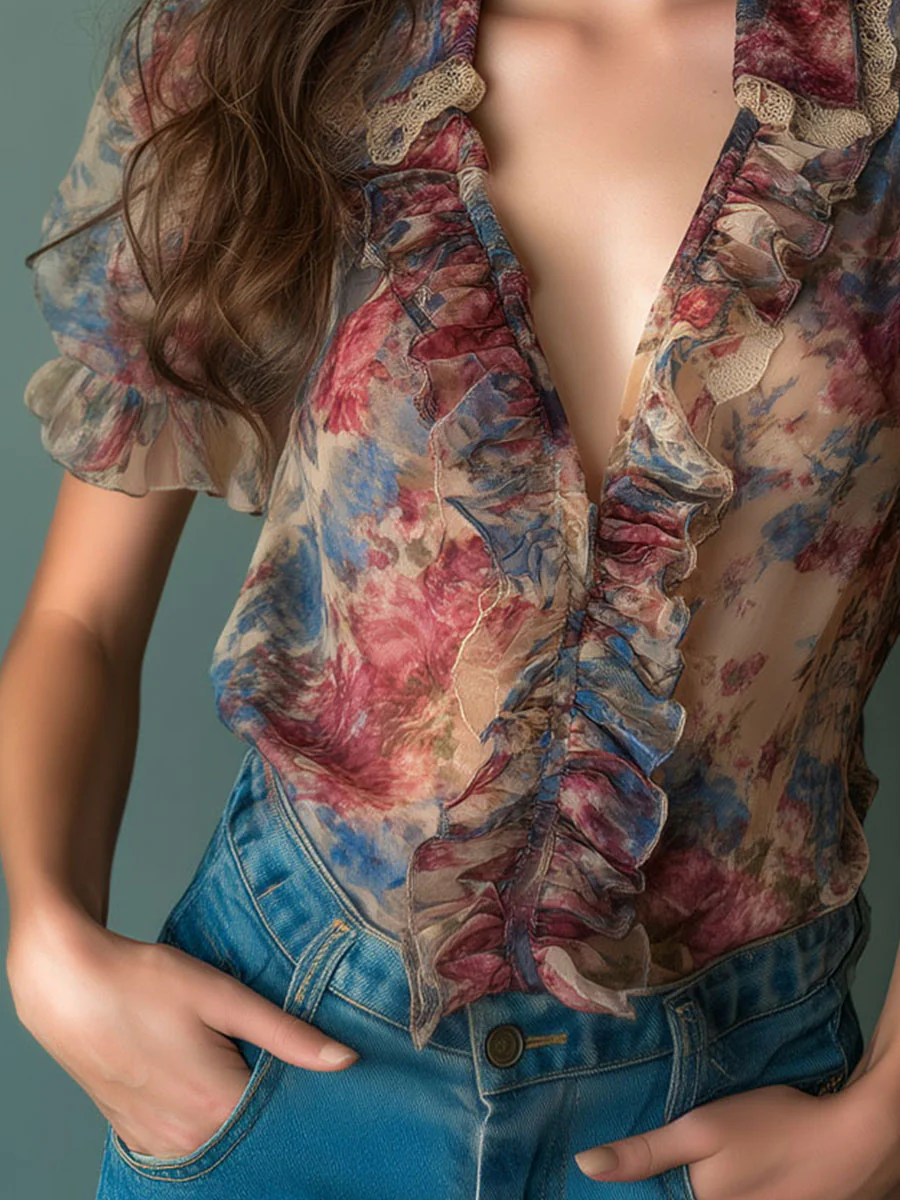 Vintage Sheer Floral Ruffle Puff Sleeve Blouse - Image 6
