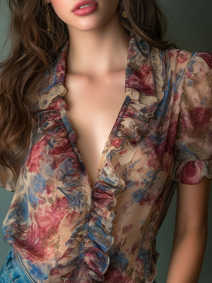 Vintage Sheer Floral Ruffle Puff Sleeve Blouse - Image 7