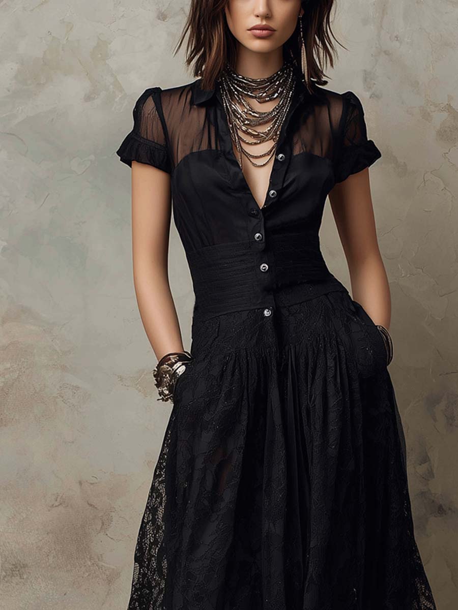 Vintage Sheer Sleeves Lace Fabric Midi Dress - Image 2