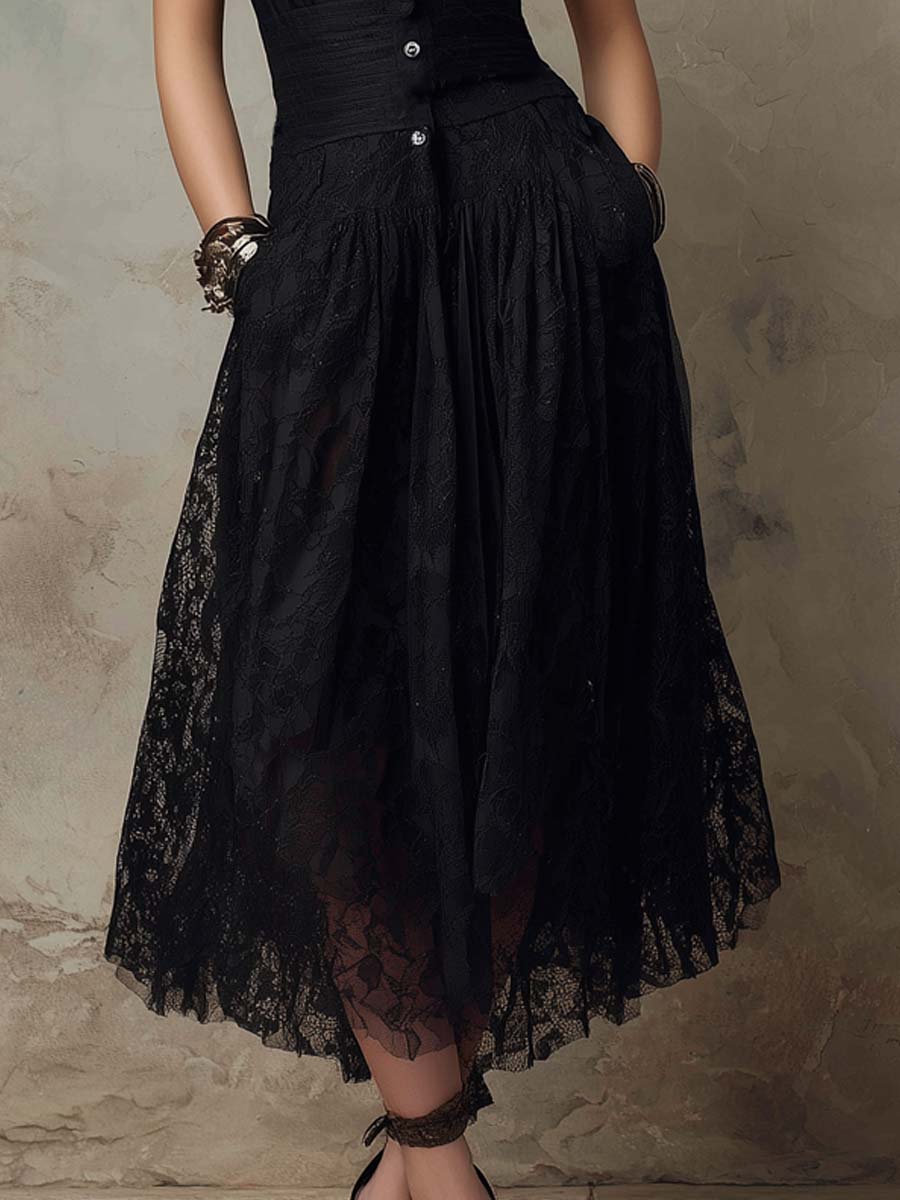Vintage Sheer Sleeves Lace Fabric Midi Dress - Image 3