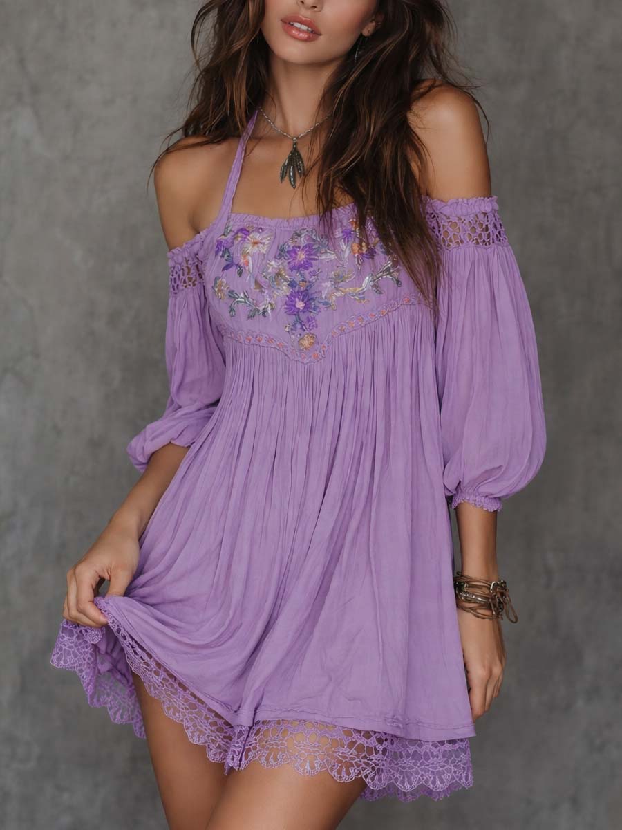 Vintage Softness Embroidered Off-Shoulder Mini Dress - Image 3
