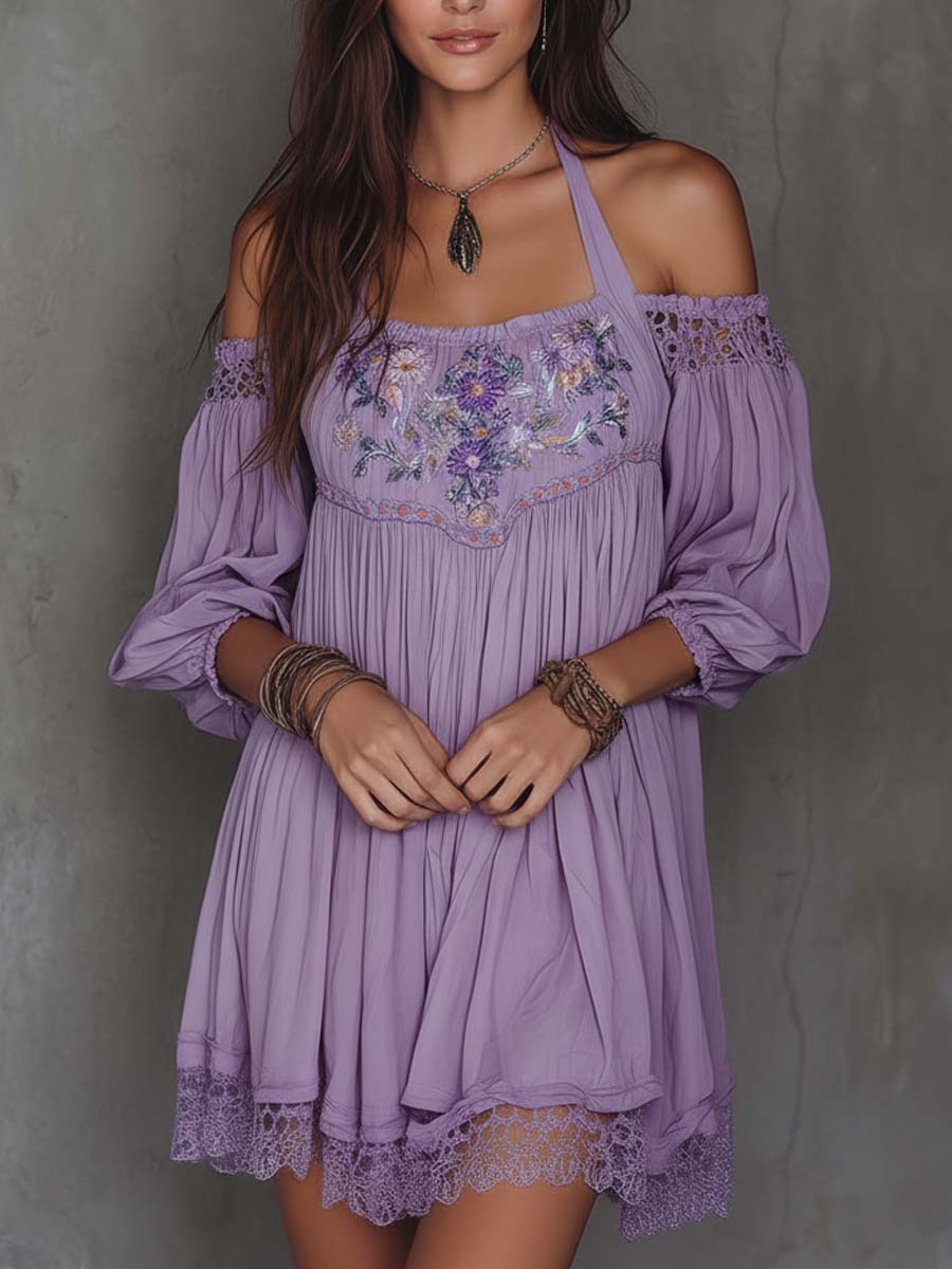 Vintage Softness Embroidered Off-Shoulder Mini Dress - Image 4