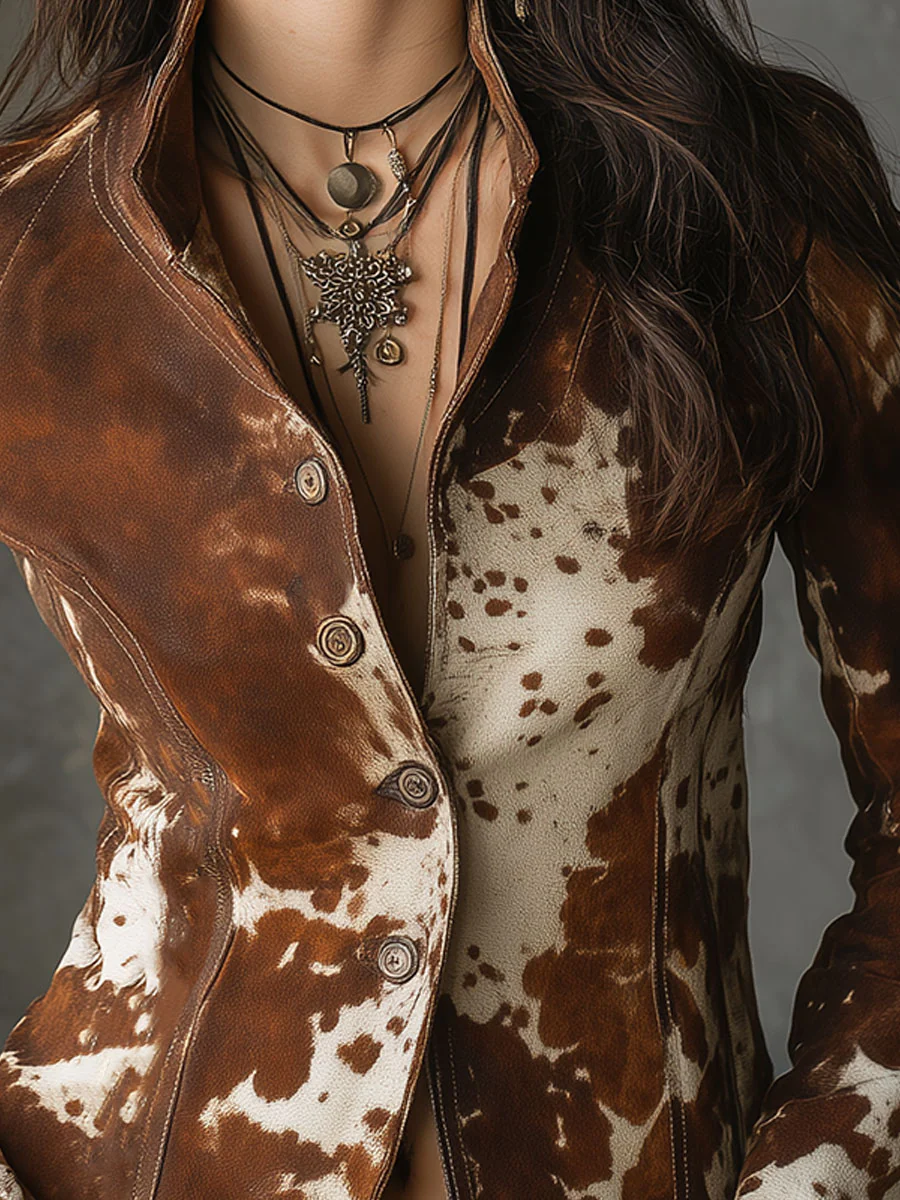 Vintage Stand Collar Suede Cow Print Slim Jacket - Image 4