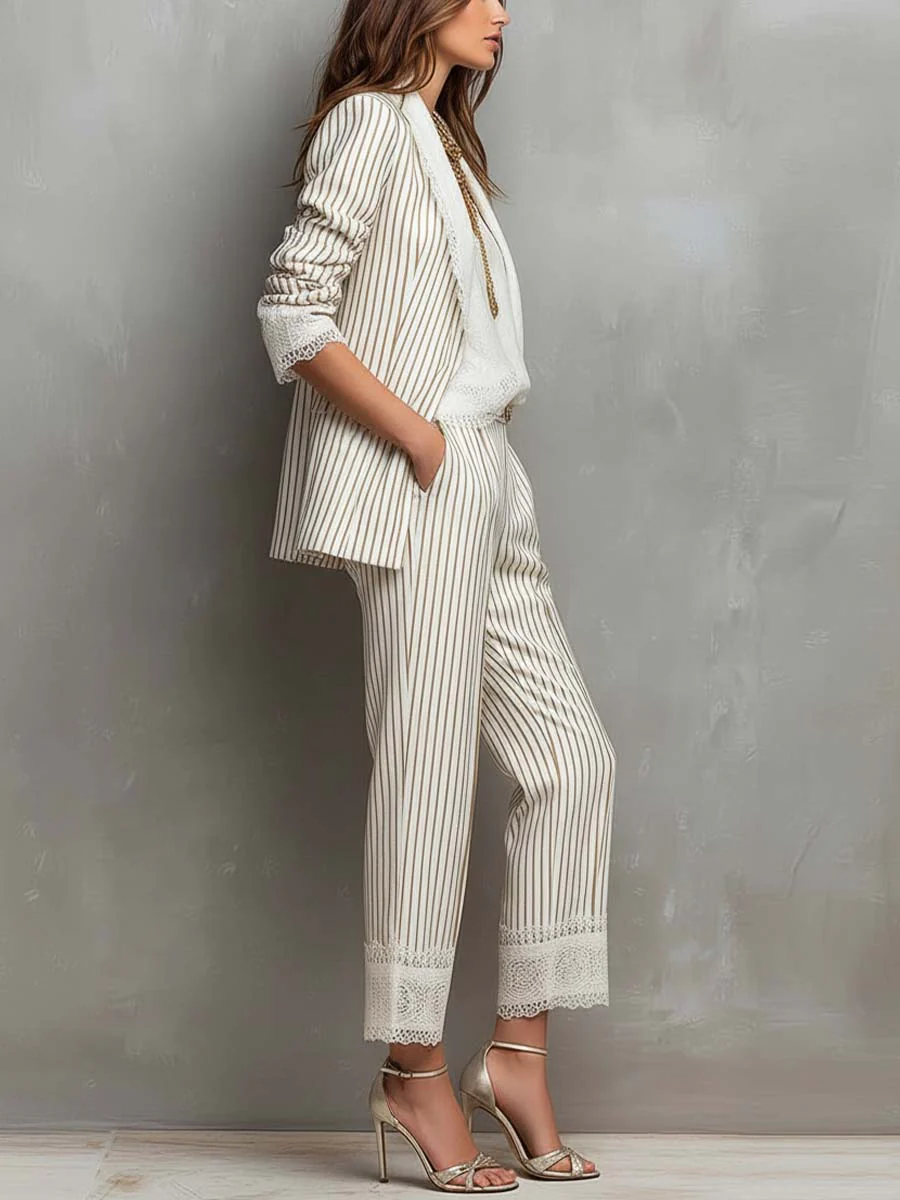 Vintage Striped Lace Cropped Trousers - Image 3