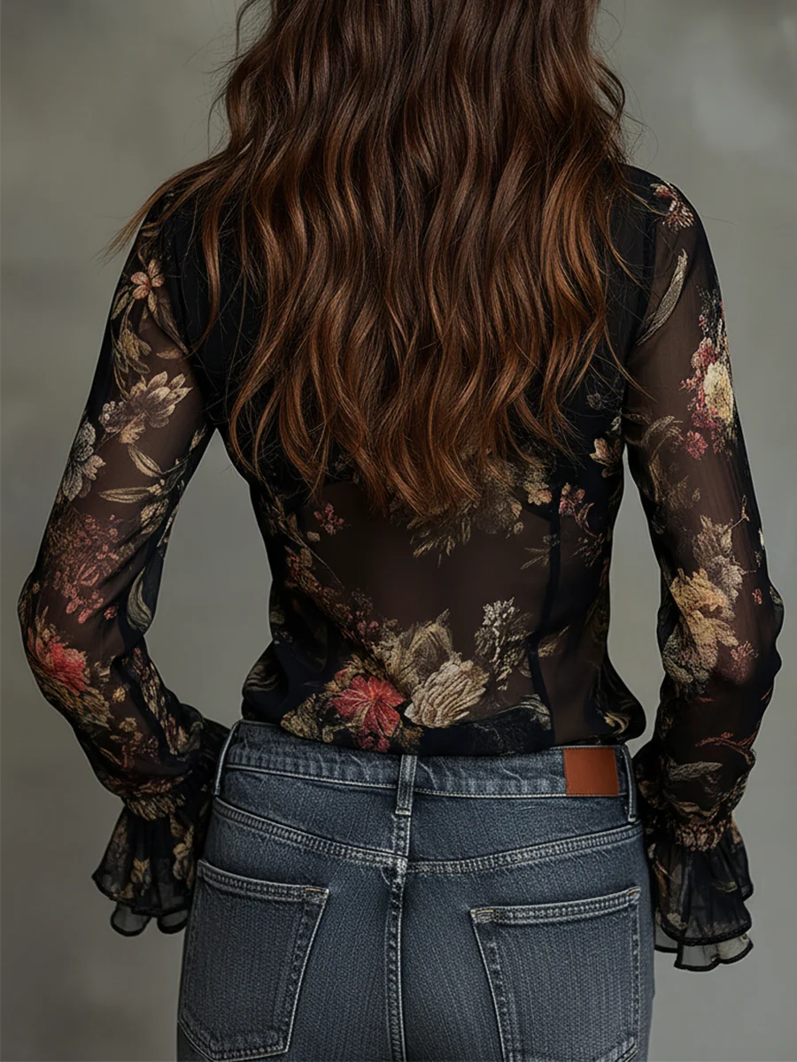 Vintage-style Printed Chiffon Blouse With Ruffles - Image 2