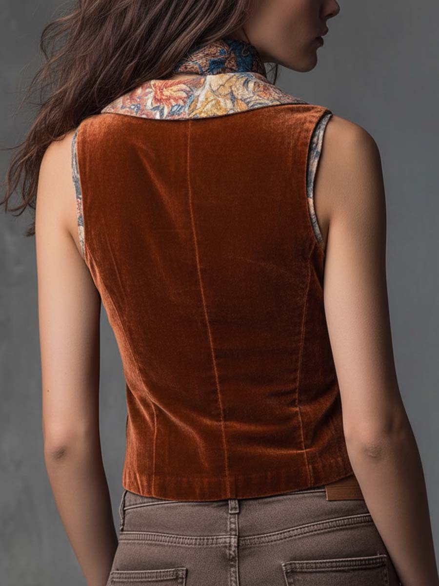 Vintage-style Printed Collar Velvet Vest - Image 2