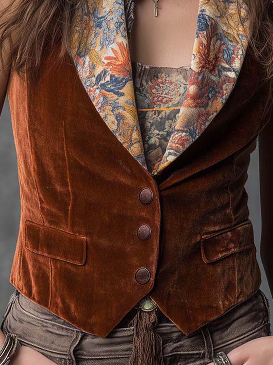 Vintage-style Printed Collar Velvet Vest - Image 4