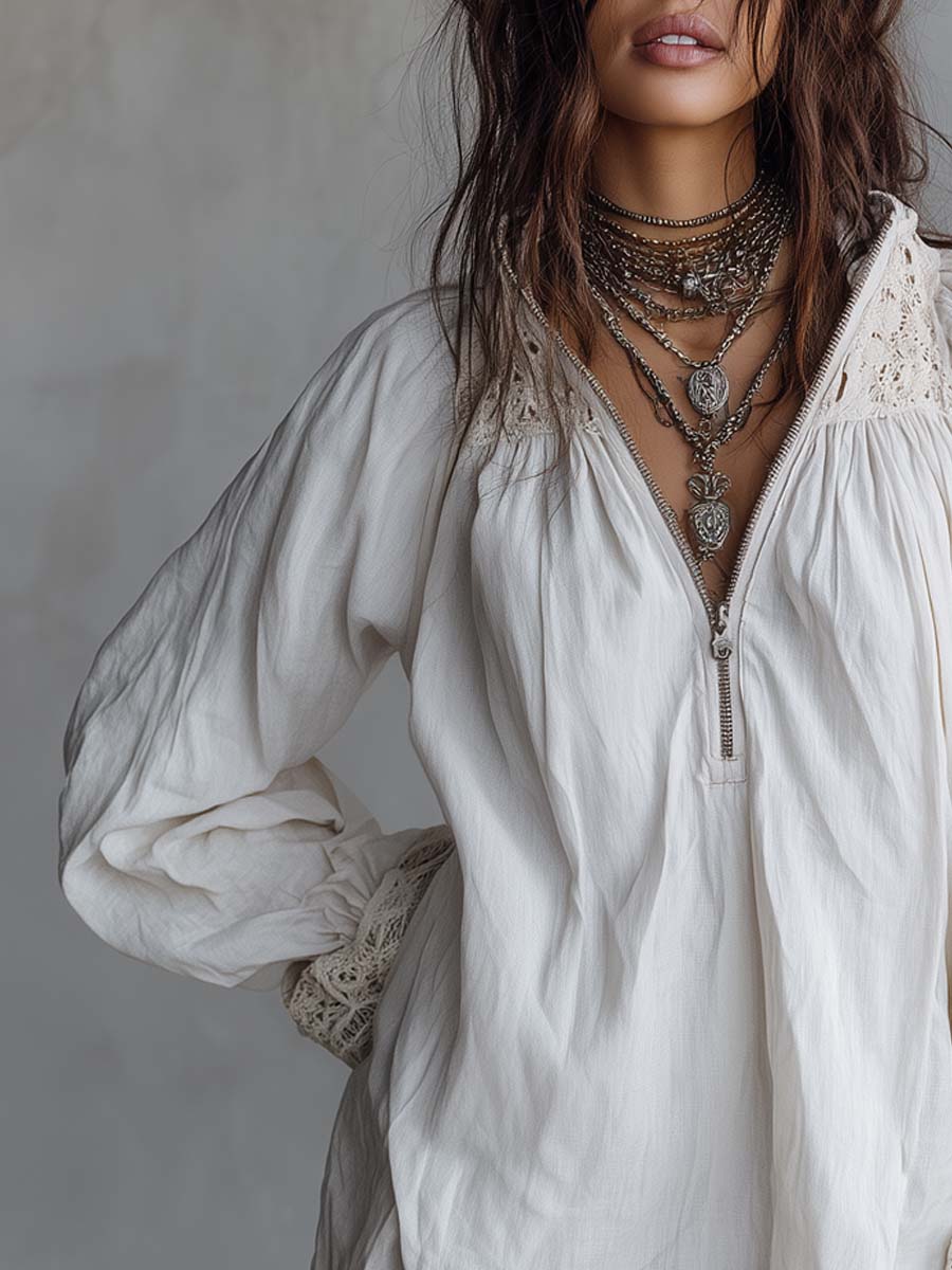 Vintage-style Zip-up Collar Lace-trimmed White Mini Dress - Image 2