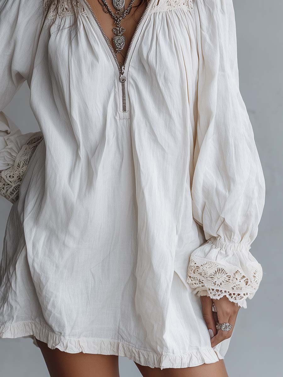 Vintage-style Zip-up Collar Lace-trimmed White Mini Dress - Image 3
