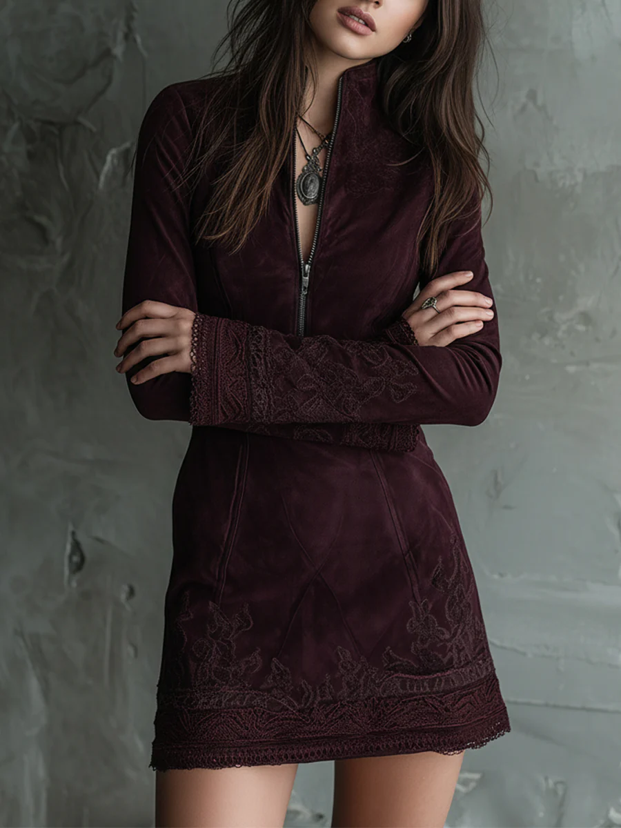 Vintage Suede Embroidered Lace Trim Mini Dress - Image 2