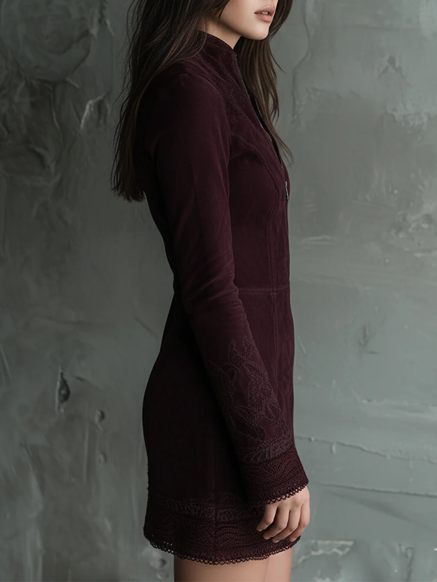 Vintage Suede Embroidered Lace Trim Mini Dress - Image 3