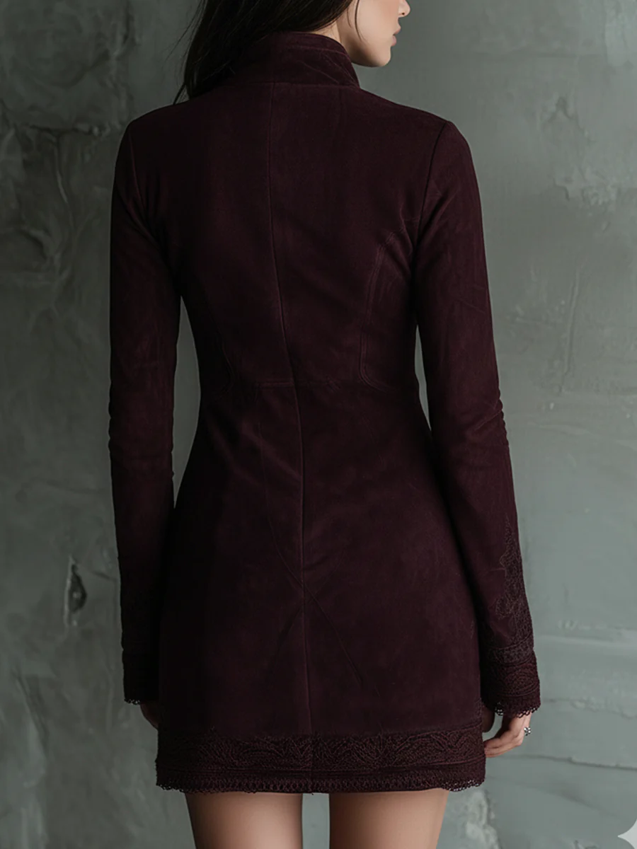 Vintage Suede Embroidered Lace Trim Mini Dress - Image 4