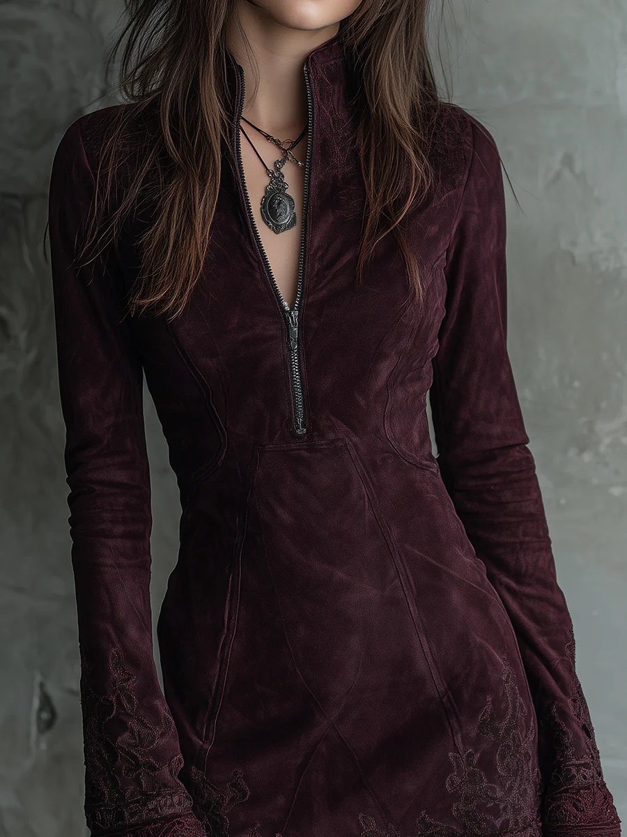 Vintage Suede Embroidered Lace Trim Mini Dress - Image 5