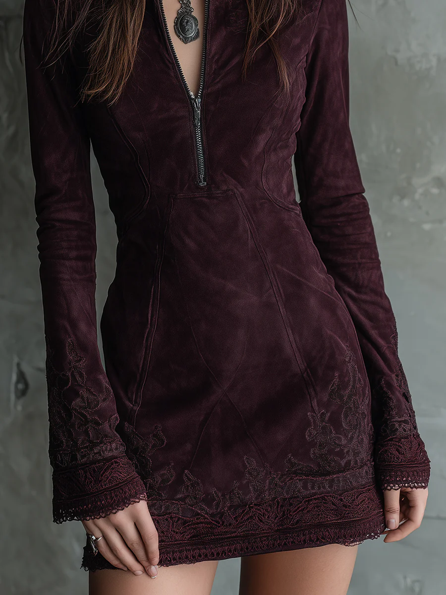 Vintage Suede Embroidered Lace Trim Mini Dress - Image 6