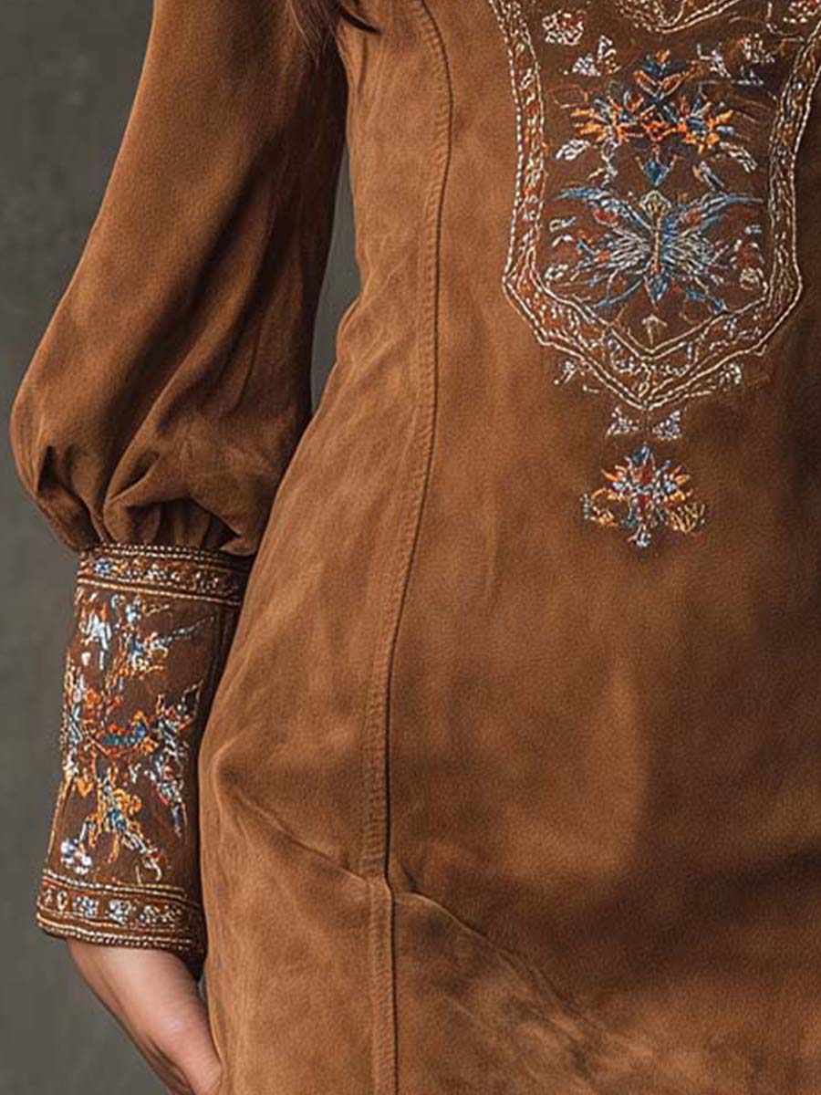 Vintage Suede Embroidered Mini Dress With Long Sleeves - Image 4