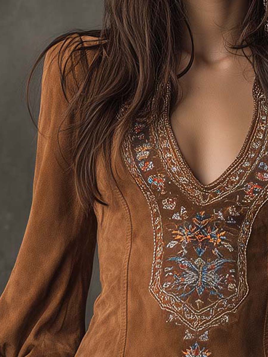 Vintage Suede Embroidered Mini Dress With Long Sleeves - Image 6