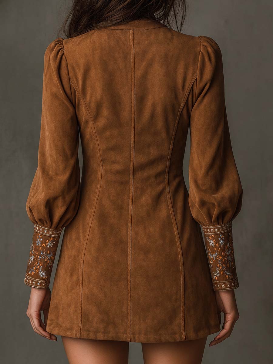 Vintage Suede Embroidered Mini Dress With Long Sleeves - Image 7