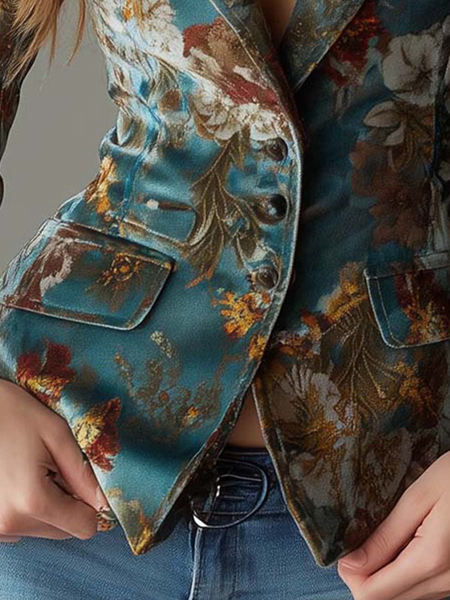 Vintage Teal Floral Velvet Tailored Blazer - Image 5