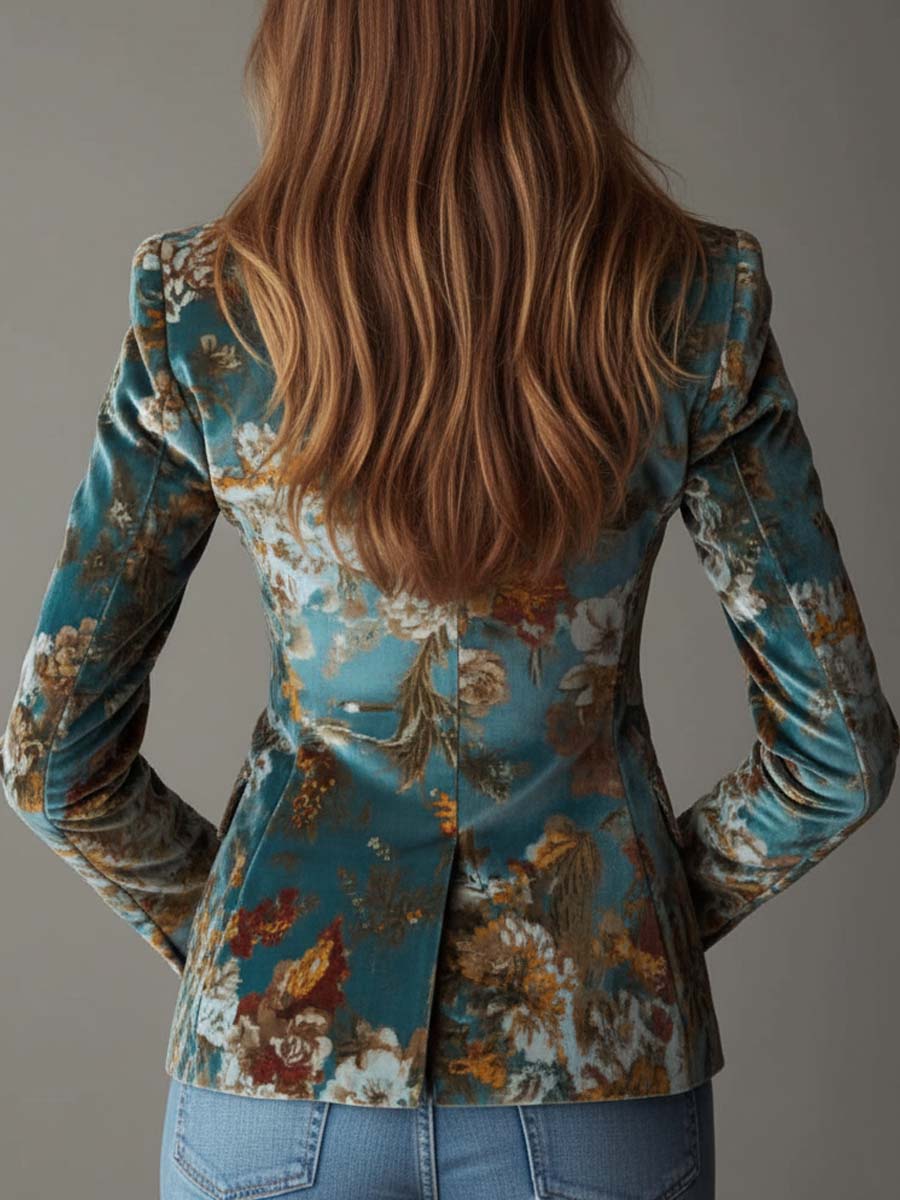 Vintage Teal Floral Velvet Tailored Blazer - Image 6