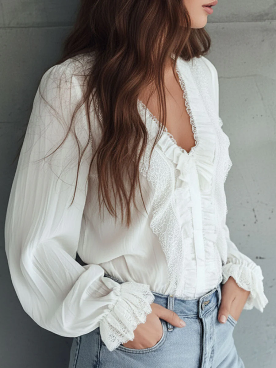 Vintage Victorian V-Neck Ruffle Lace Blouse - Image 2