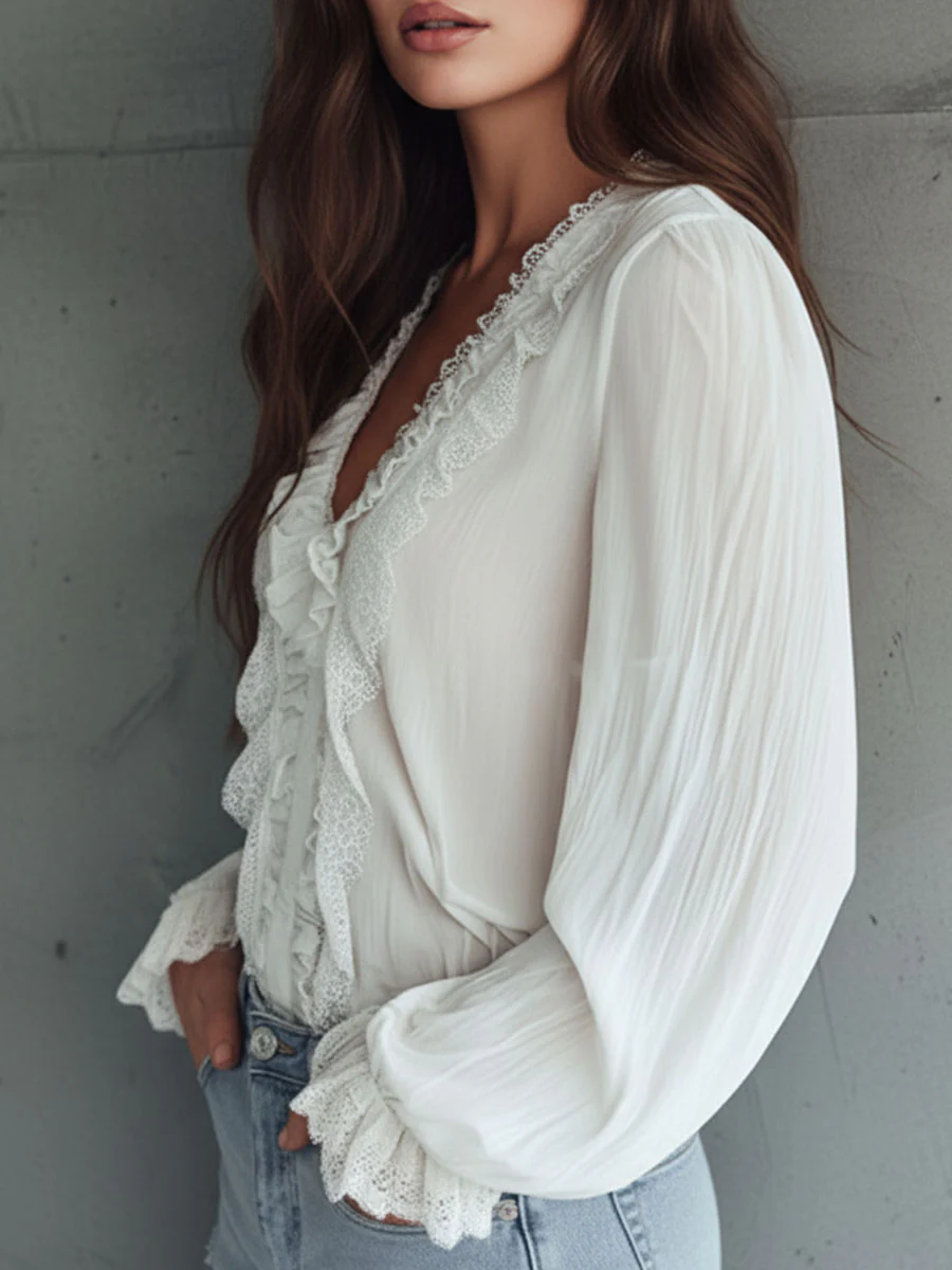 Vintage Victorian V-Neck Ruffle Lace Blouse - Image 4