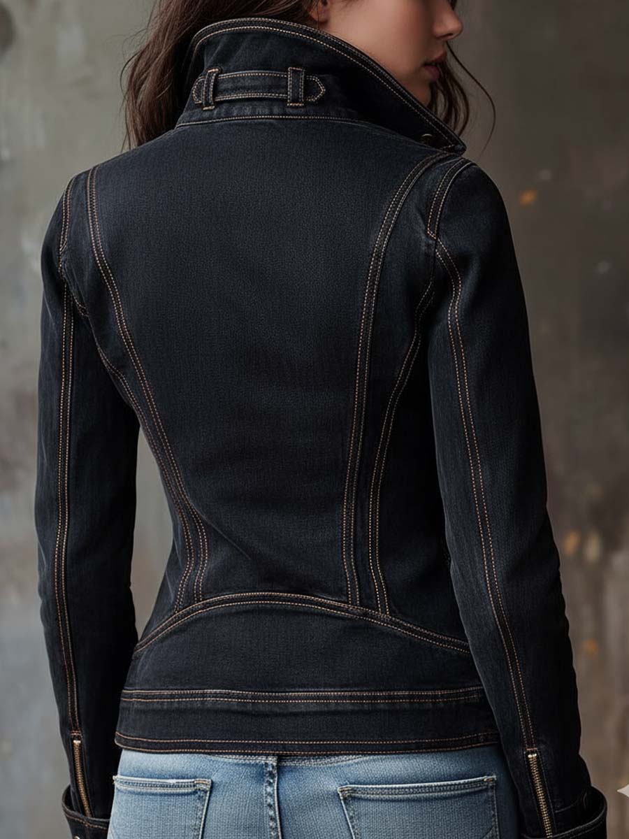 Vintage Washed Denim Moto Jacket – Charcoal Edge - Image 2