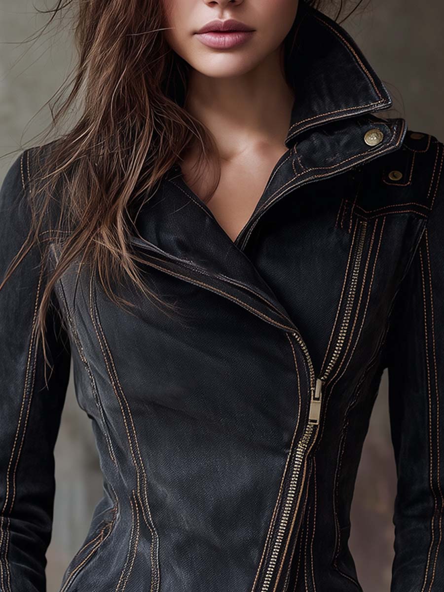 Vintage Washed Denim Moto Jacket – Charcoal Edge - Image 3