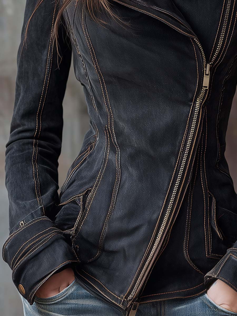 Vintage Washed Denim Moto Jacket – Charcoal Edge - Image 5