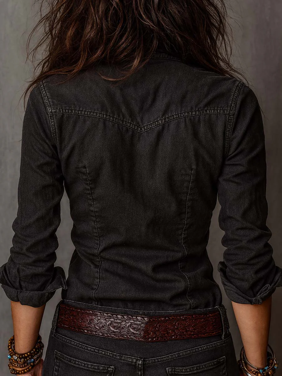 Vintage Washed Zip-up Denim Blouse - Image 4