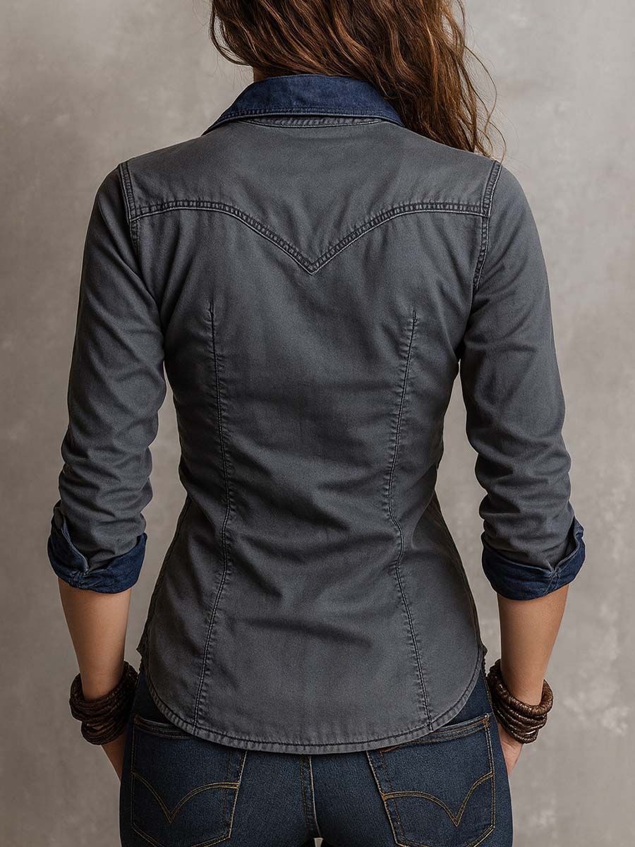 Vintage Washed Zip-up Long-sleeved Denim Shirt - Image 2
