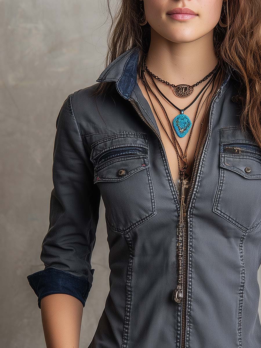 Vintage Washed Zip-up Long-sleeved Denim Shirt - Image 3