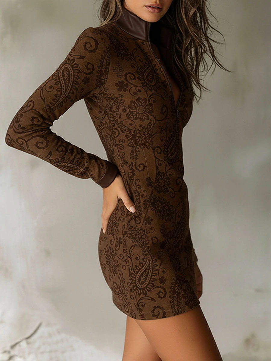 Vintage Zipper Paisley Jacquard Mini Dress With Leather Trim - Image 3