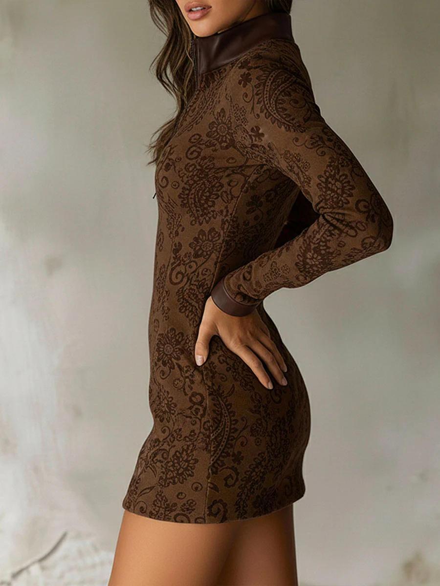 Vintage Zipper Paisley Jacquard Mini Dress With Leather Trim - Image 4