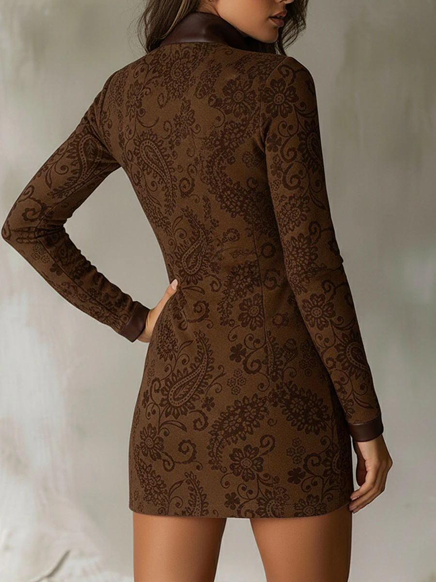 Vintage Zipper Paisley Jacquard Mini Dress With Leather Trim - Image 6