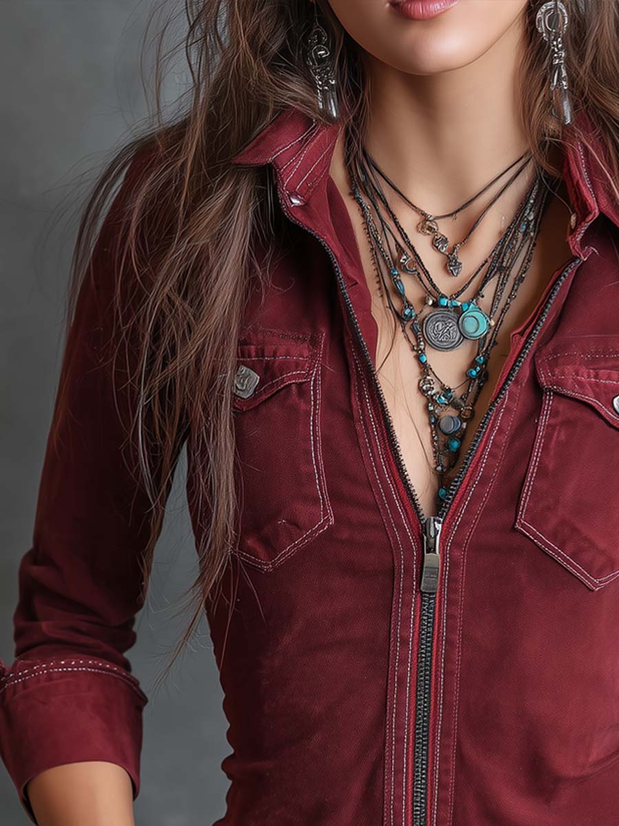 Vintage Zip-up Collar Flap Pocket Distressed Denim Shirt - Image 3