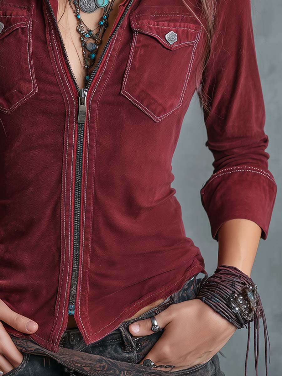 Vintage Zip-up Collar Flap Pocket Distressed Denim Shirt - Image 4