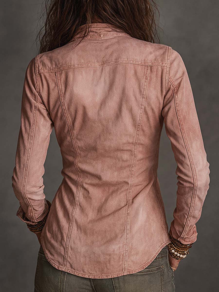 Vintage Zip-up Distressed Denim Shirt - Image 2