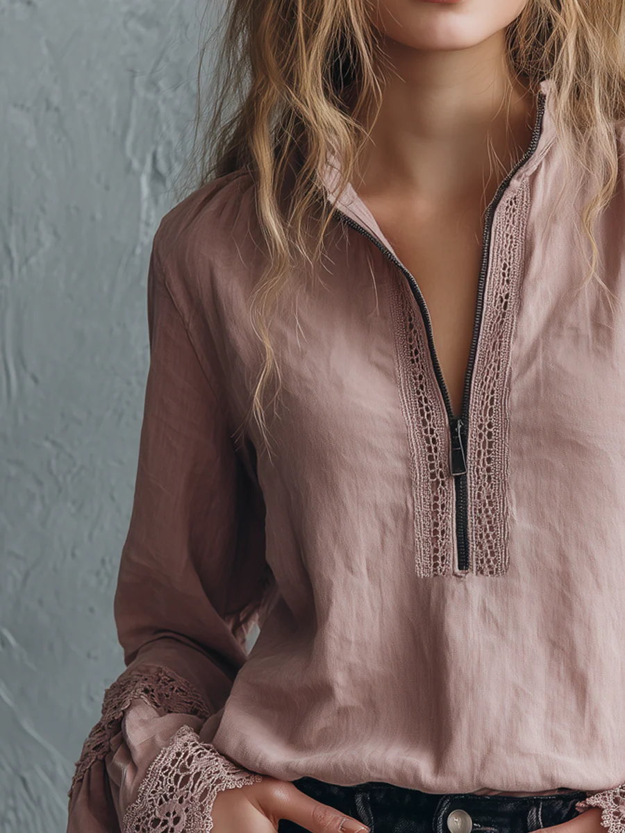 Vintage Zipper Collar Lace Cuffs Long Sleeve Blouse - Image 2