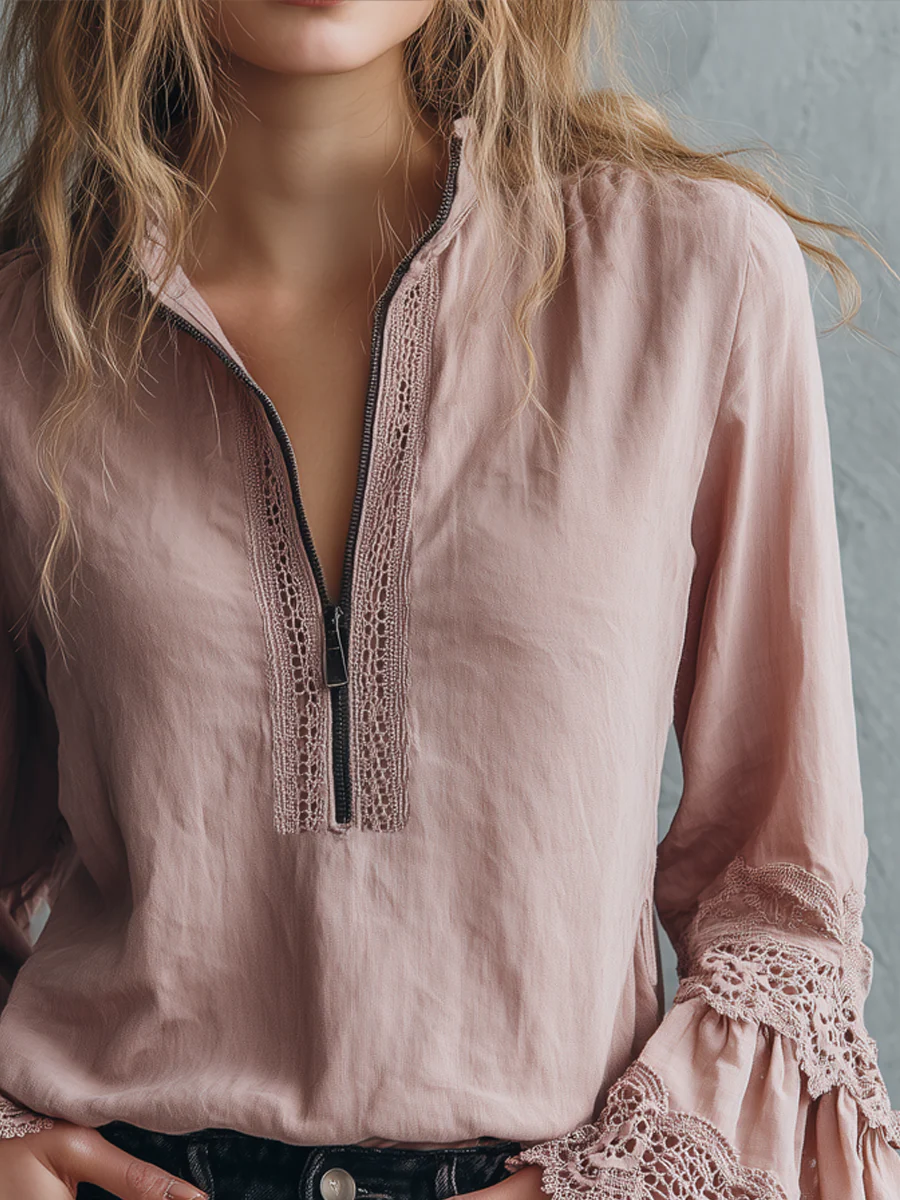 Vintage Zipper Collar Lace Cuffs Long Sleeve Blouse - Image 3