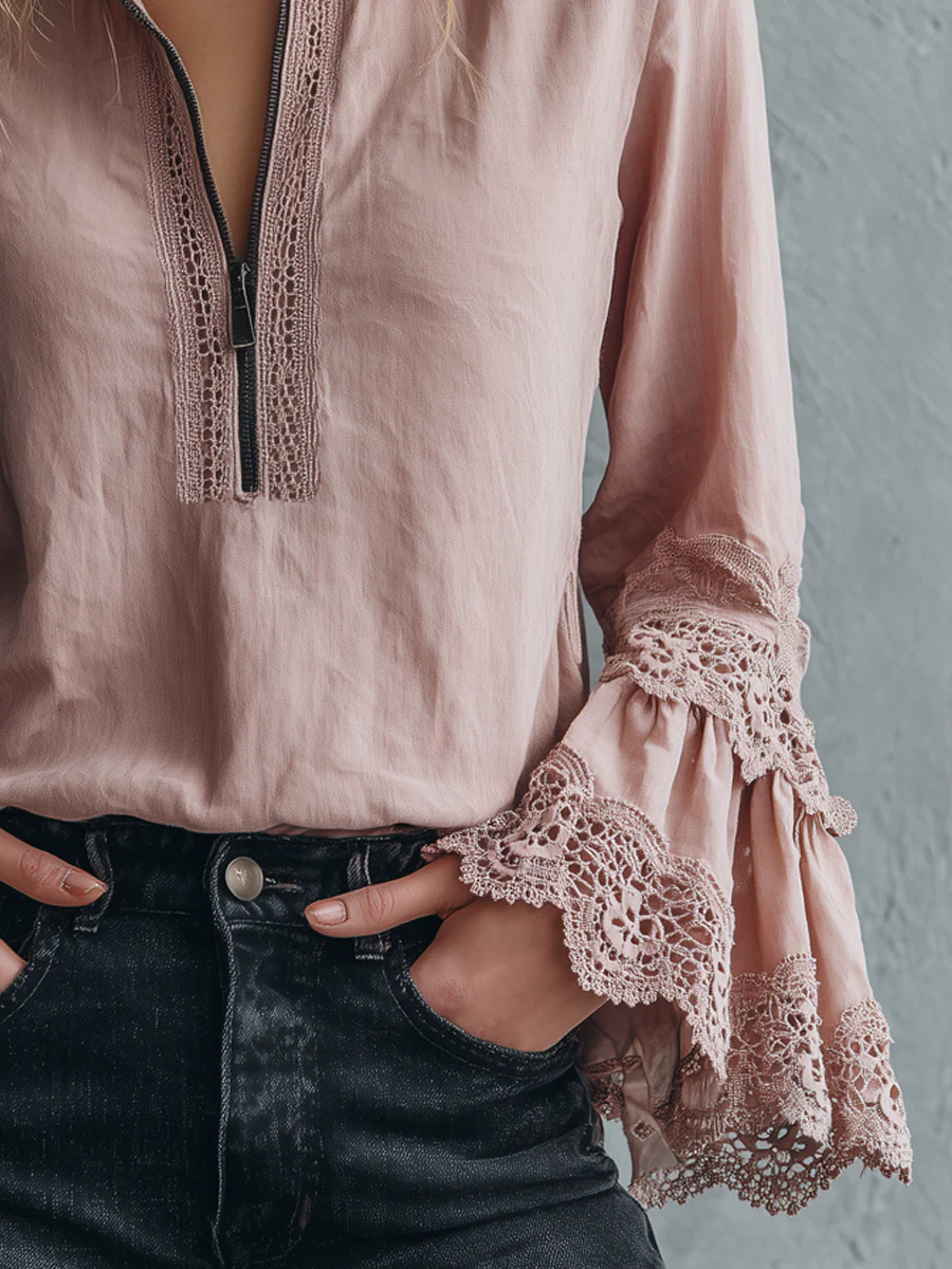 Vintage Zipper Collar Lace Cuffs Long Sleeve Blouse - Image 4