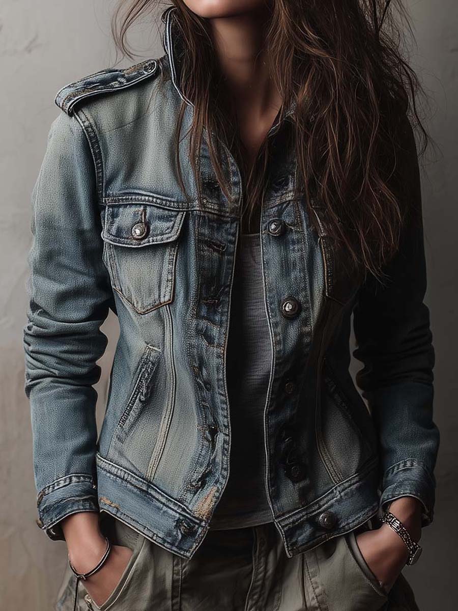 Washed And Faded Utility Denim Jacket With Epaulettes - Image 3