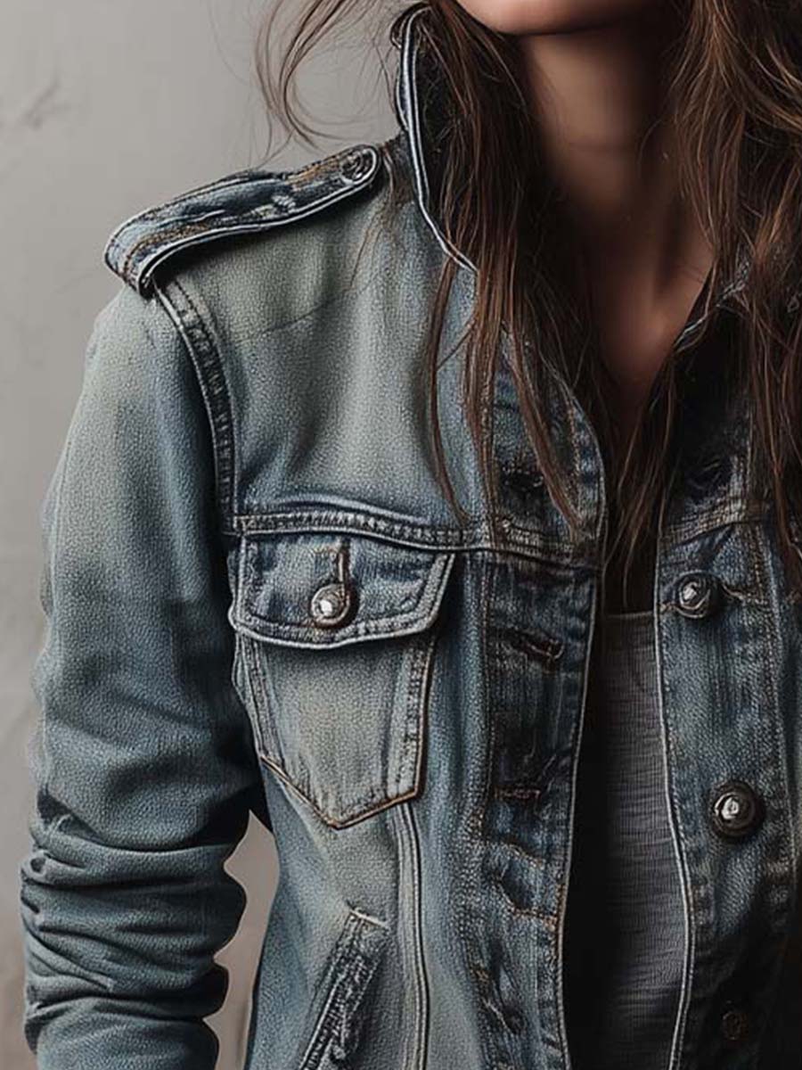 Washed And Faded Utility Denim Jacket With Epaulettes - Image 4