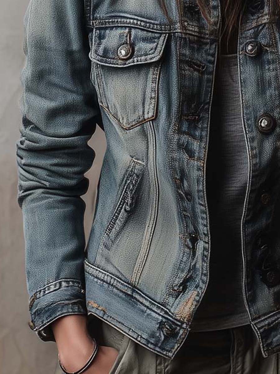 Washed And Faded Utility Denim Jacket With Epaulettes - Image 5