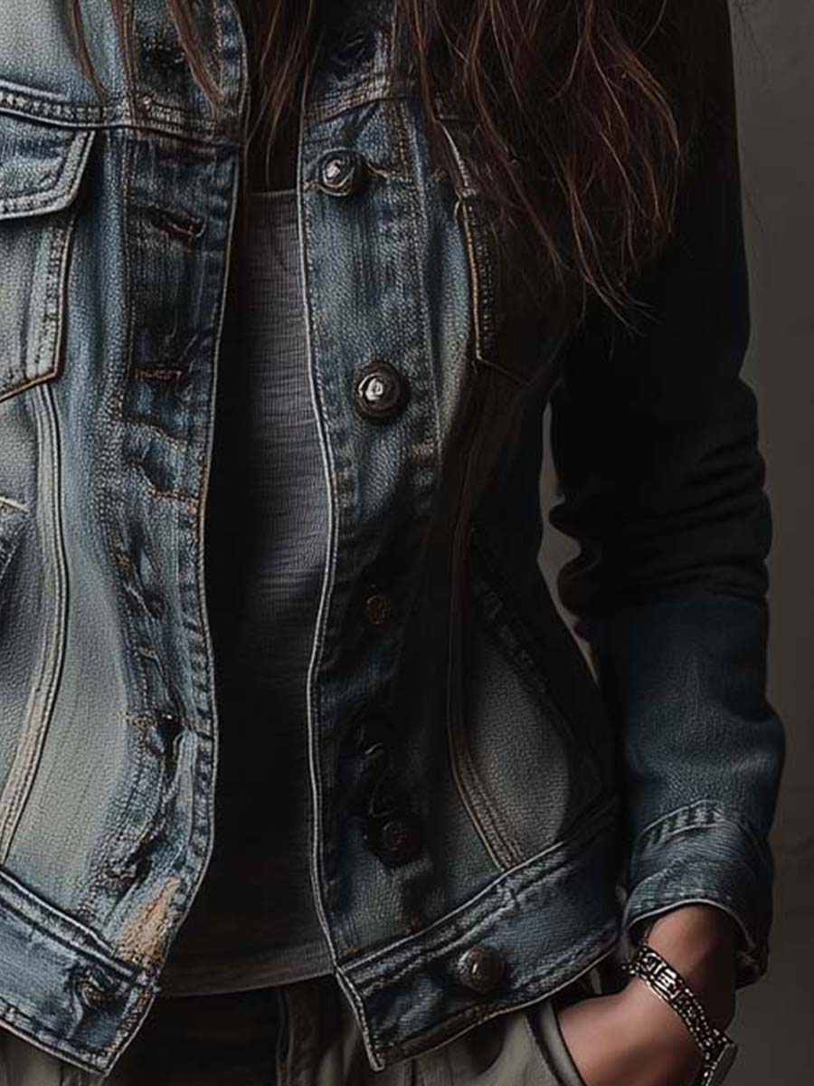 Washed And Faded Utility Denim Jacket With Epaulettes - Image 6
